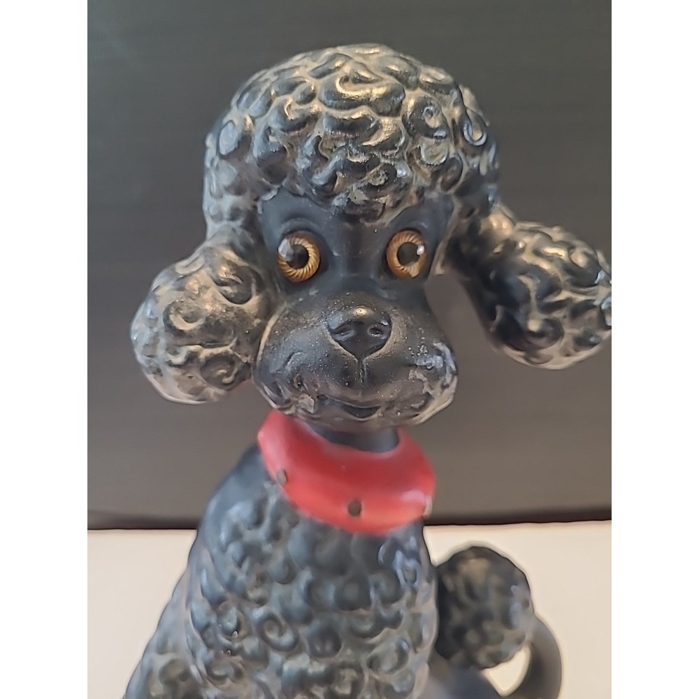 Vintage Poodle MCM Figurine Black w Red Collar 1960s Ceramic Mold Signed
